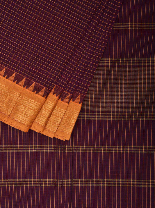 Wine Kanchipuram Cotton Saree with Checks and Border Design k0669