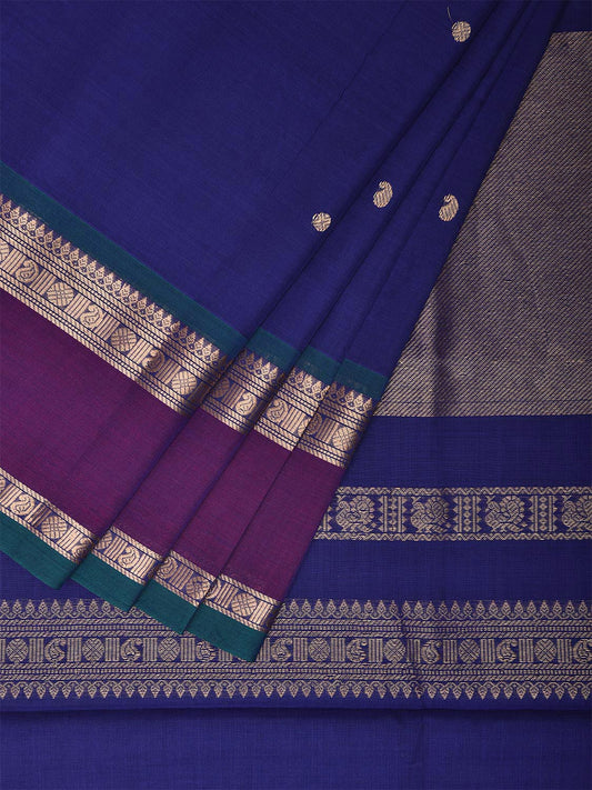 Blue and Purple Kanchipuram 120s Cotton Saree with Small Buta and Pallu Design k0670