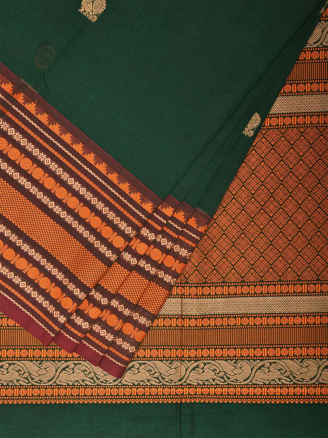 Green Kanchipuram Cotton Saree with Body Buta and Big Border Design k0671