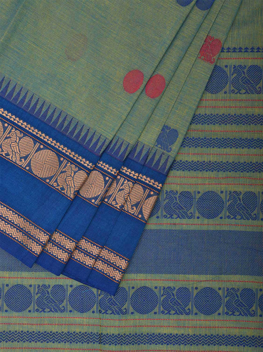 Turquoise and Blue Kanchipuram Cotton Saree with Body Buta and Pallu Design k0673