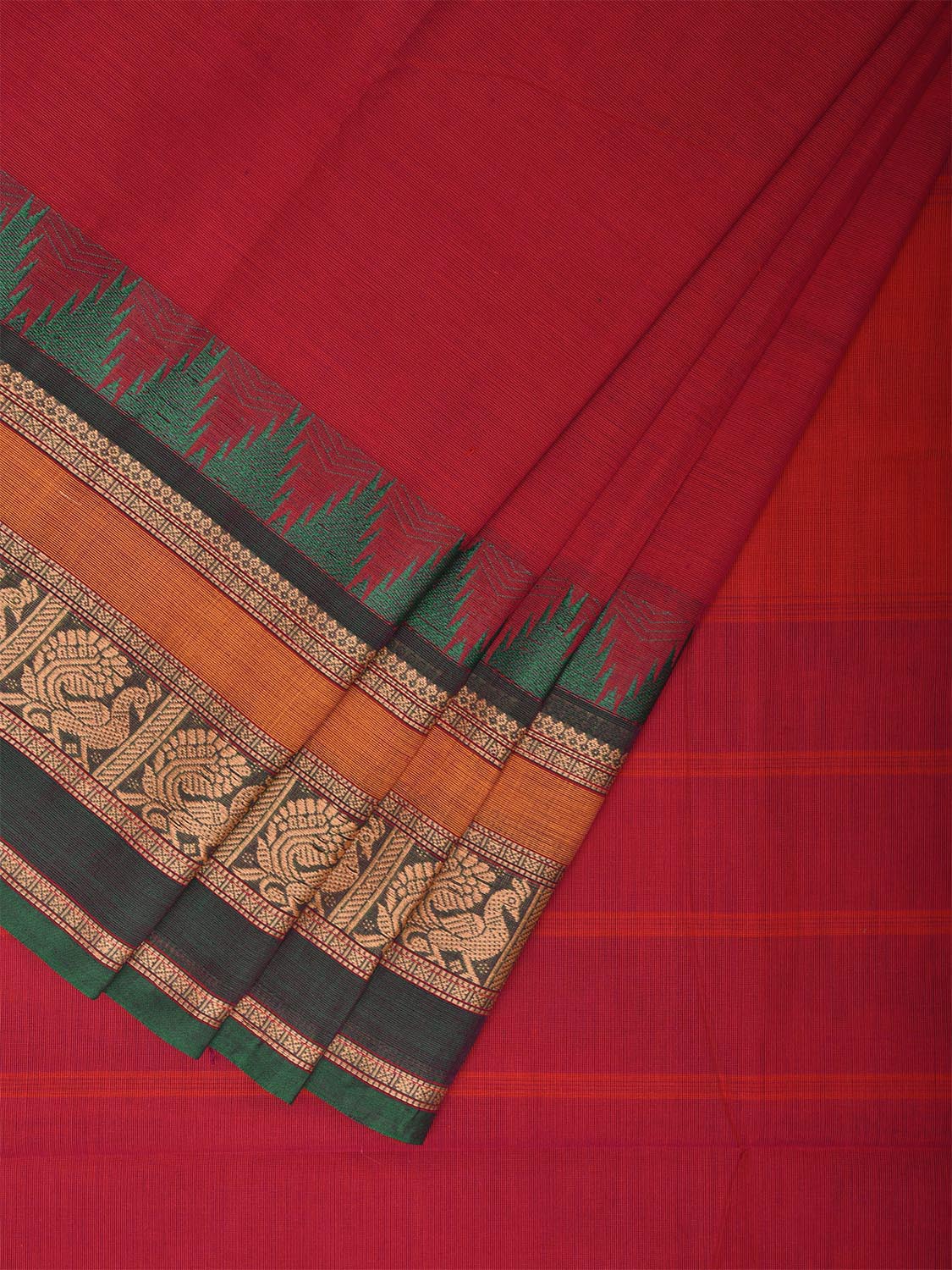 Red Kanchipuram Cotton Plain Saree with Peacock Border Design k0674