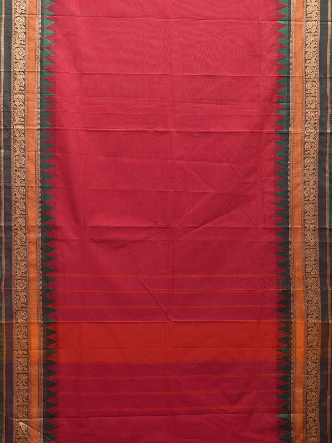 Red Kanchipuram Cotton Plain Saree with Peacock Border Design k0674