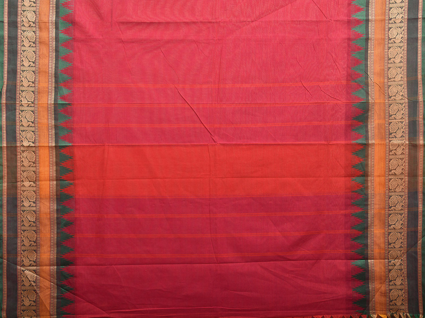 Red Kanchipuram Cotton Plain Saree with Peacock Border Design k0674