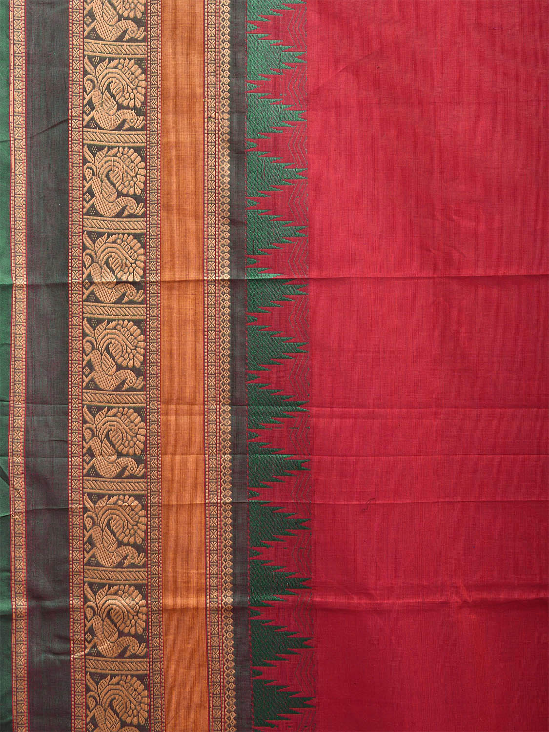 Red Kanchipuram Cotton Plain Saree with Peacock Border Design k0674