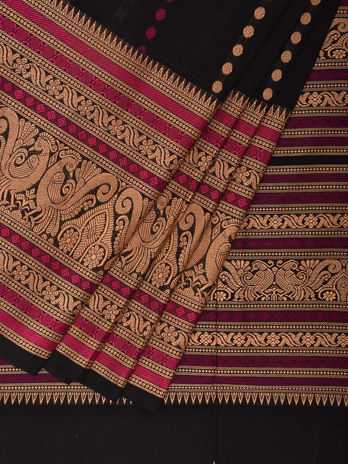 Black Kanchipuram Cotton Saree with Rudraksh Butas and Big Border Design k0675
