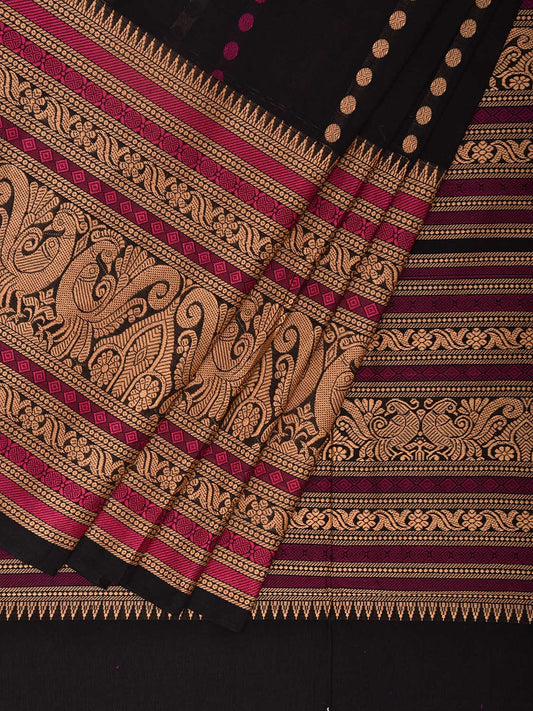 Black Kanchipuram Cotton Saree with Rudraksh Butas and Big Border Design k0675