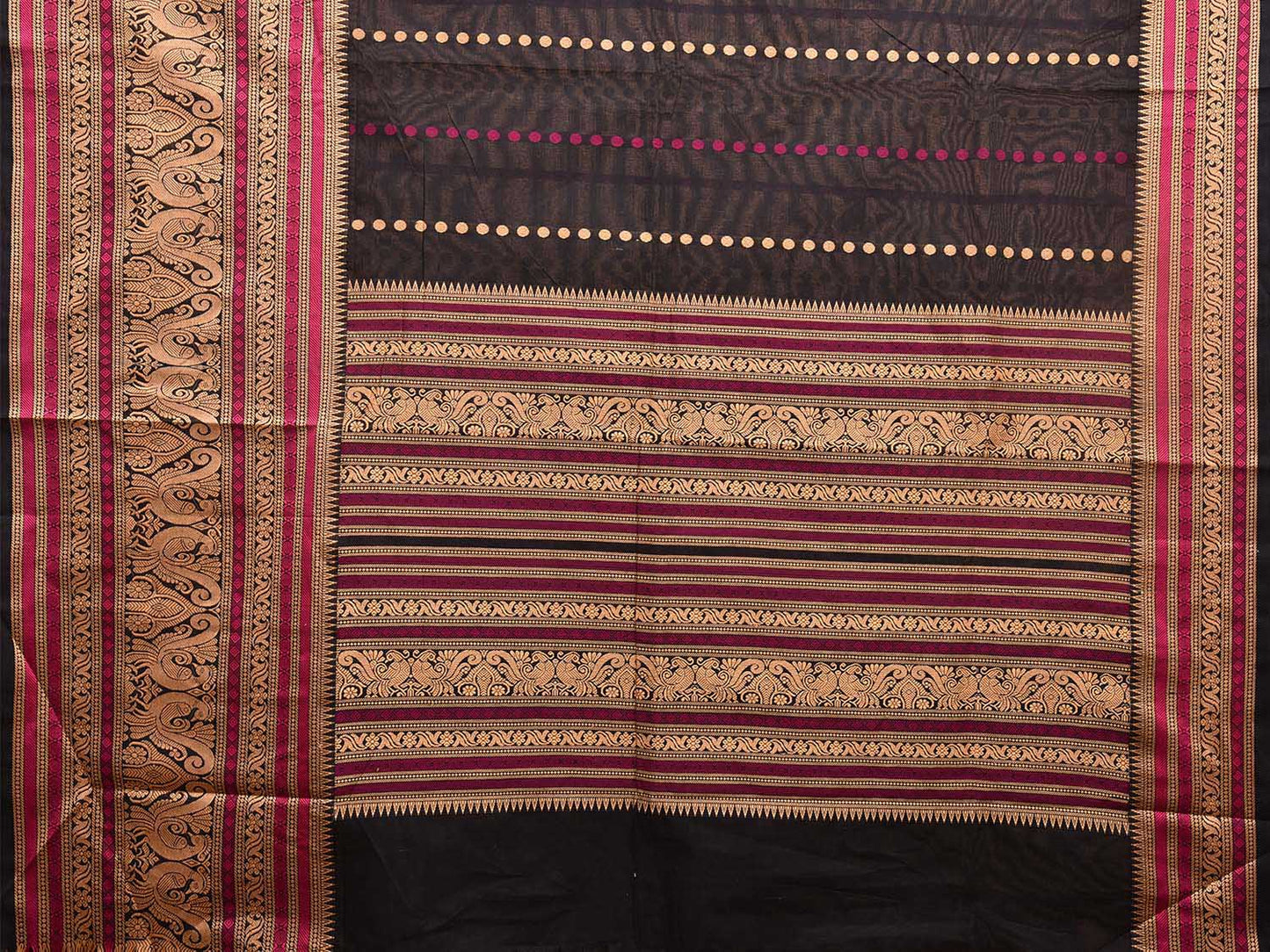 Black Kanchipuram Cotton Saree with Rudraksh Butas and Big Border Design k0675