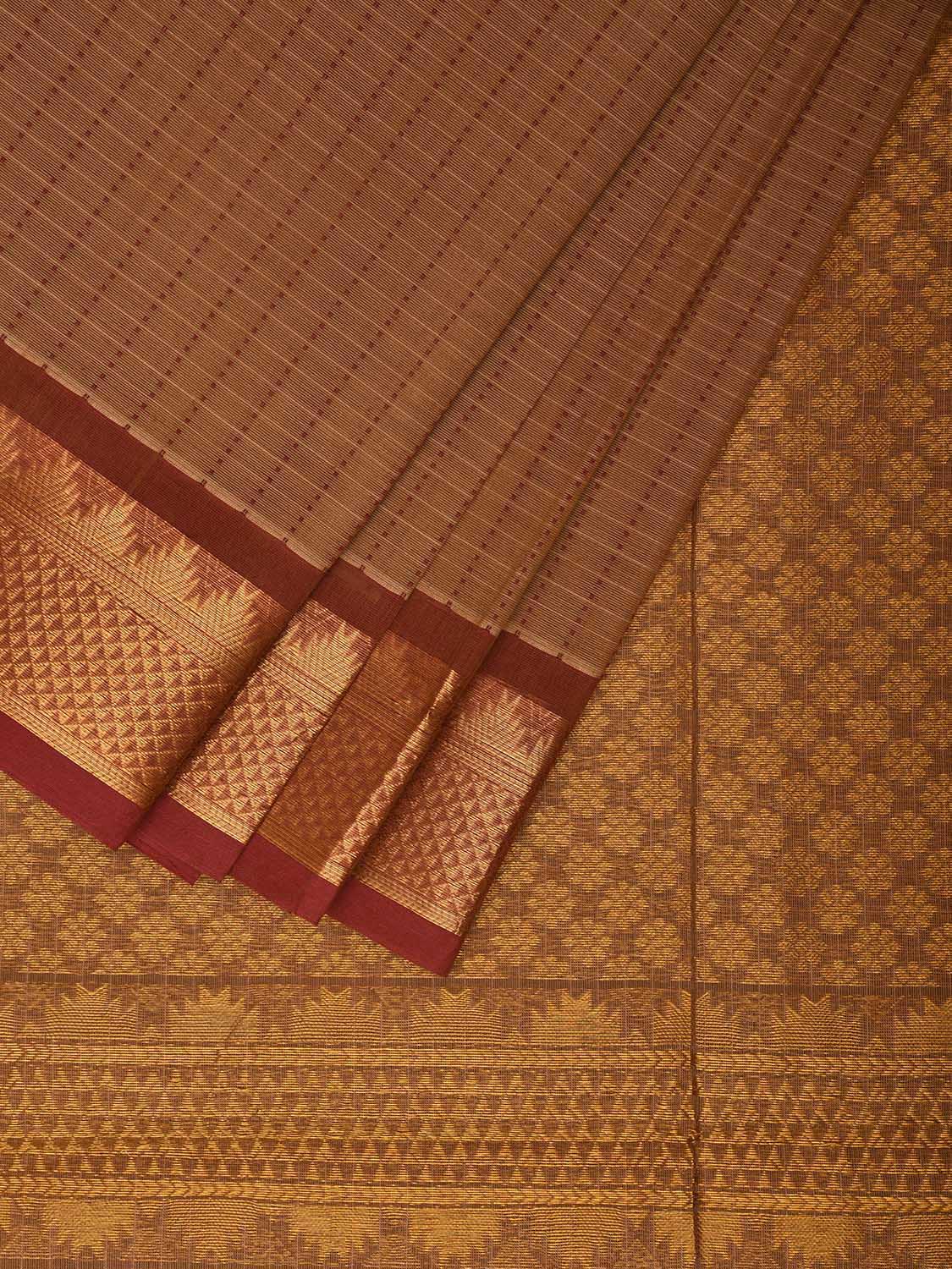 Fawn Kanchipuram Cotton Saree with Checks and Pallu Design k0676