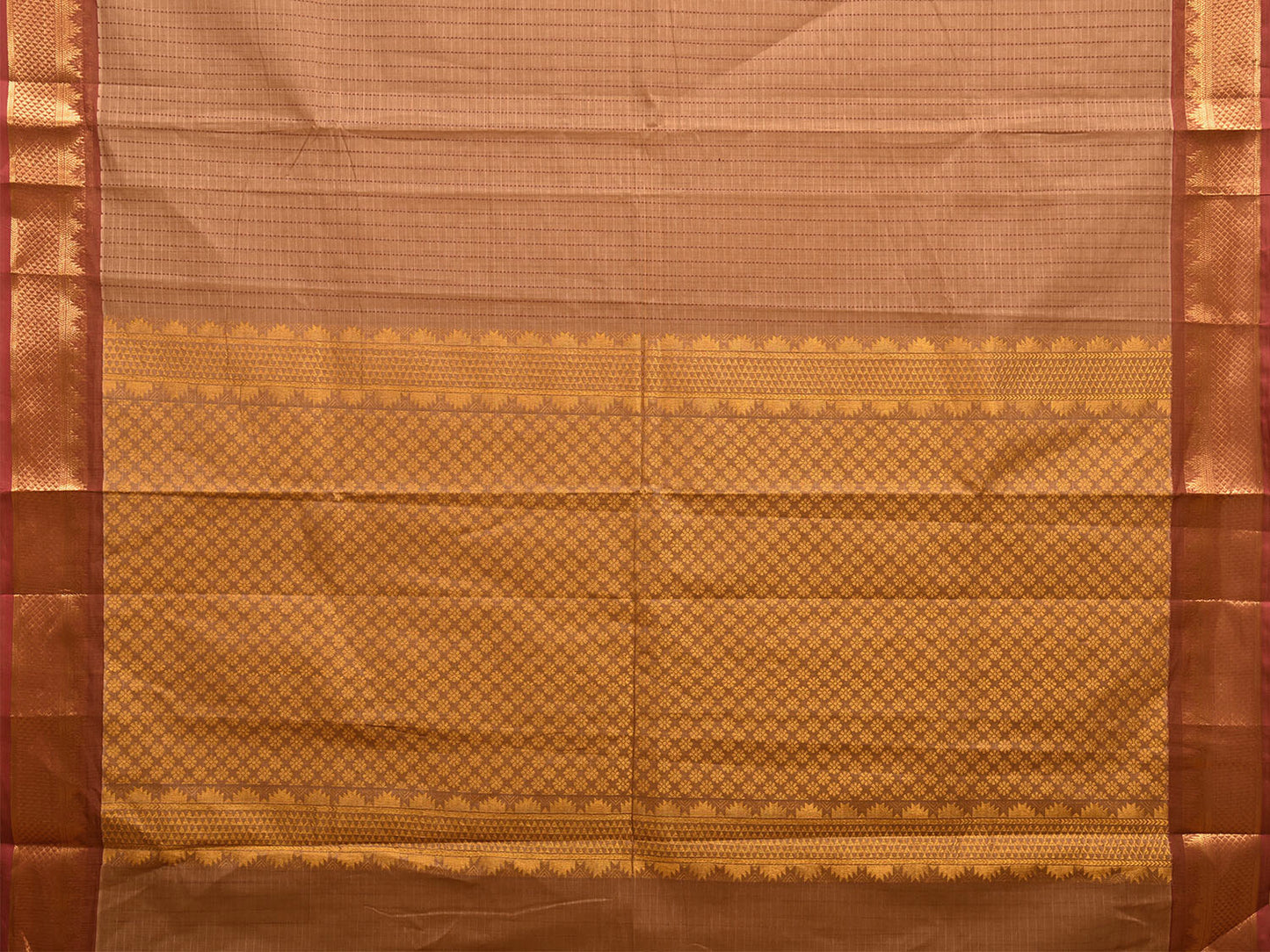 Fawn Kanchipuram Cotton Saree with Checks and Pallu Design k0676