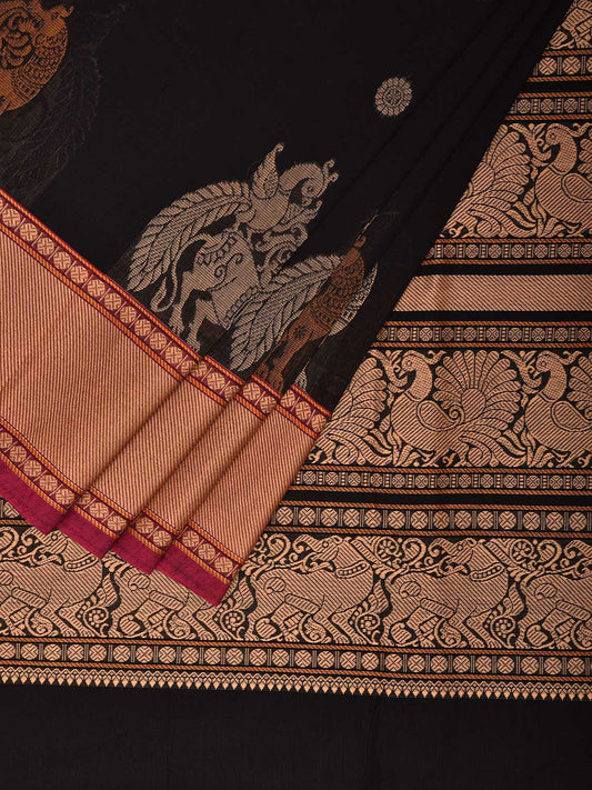 Black Kanchipuram Cotton Saree with Pallu and Border Design k0677