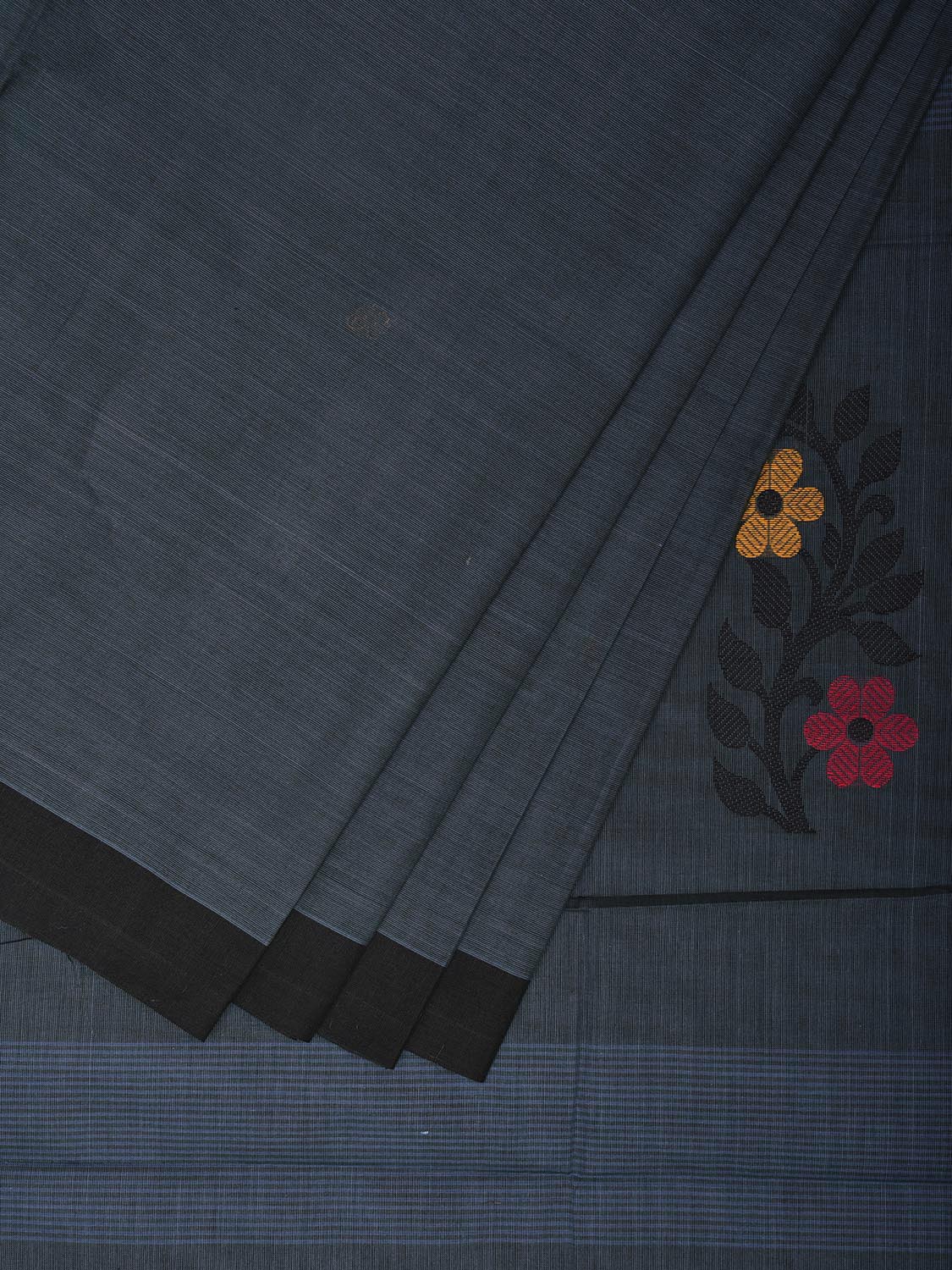 Dark Grey Kanchipuram Cotton Saree with Body Buta and Floral Pallu Design k0679