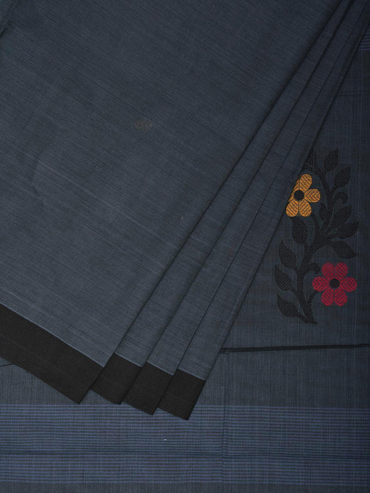 Dark Grey Kanchipuram Cotton Saree with Body Buta and Floral Pallu Design k0679