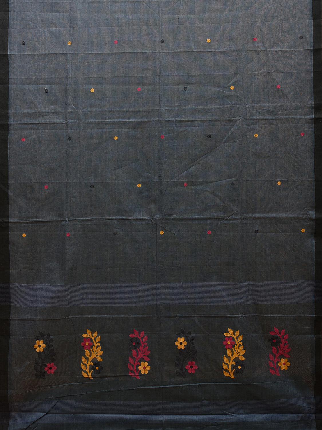 Dark Grey Kanchipuram Cotton Saree with Body Buta and Floral Pallu Design k0679