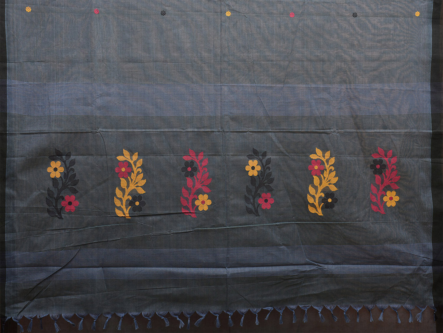 Dark Grey Kanchipuram Cotton Saree with Body Buta and Floral Pallu Design k0679