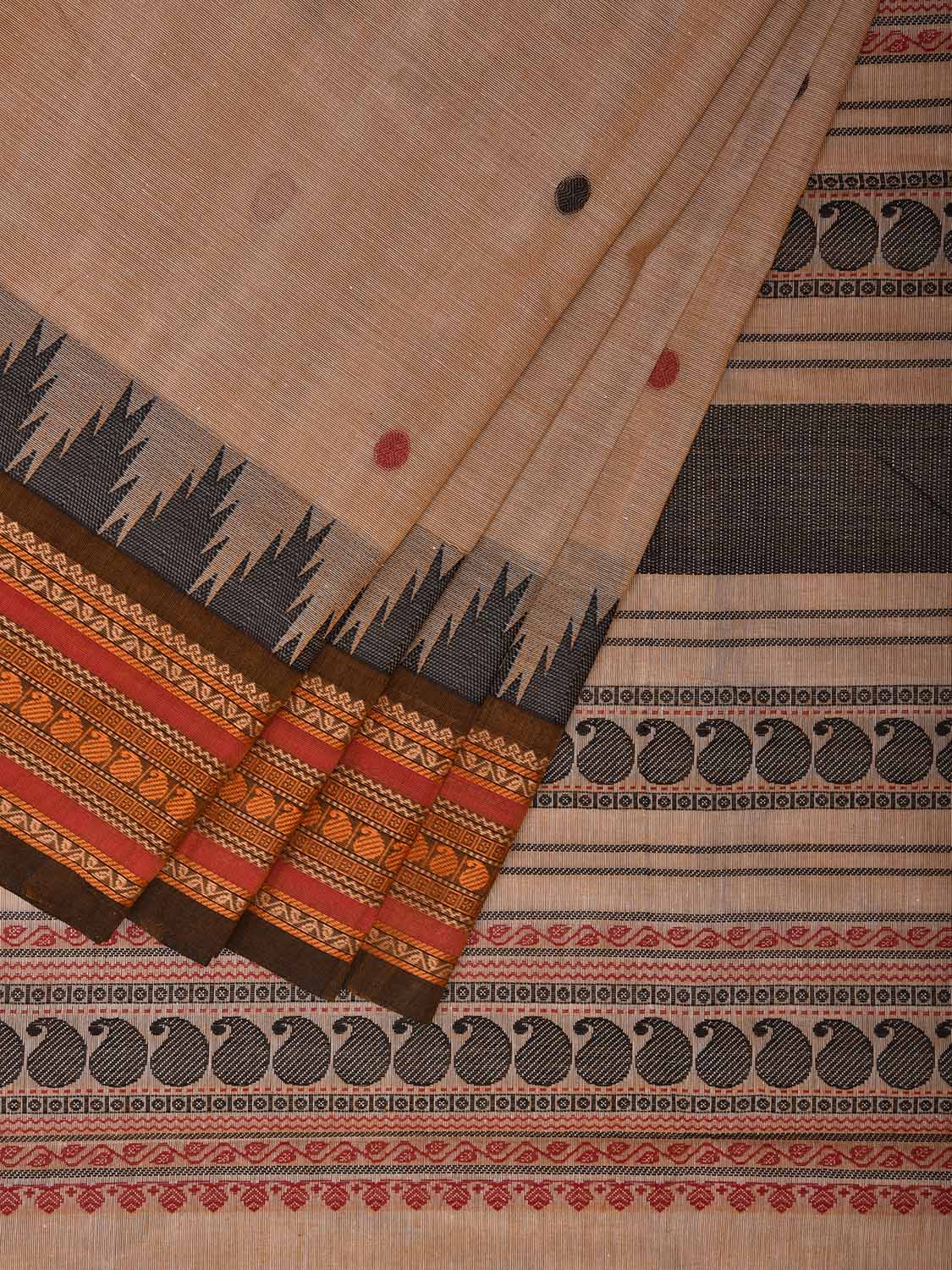Cream Kanchipuram Cotton Saree with Buta and Temple Border Design k0680