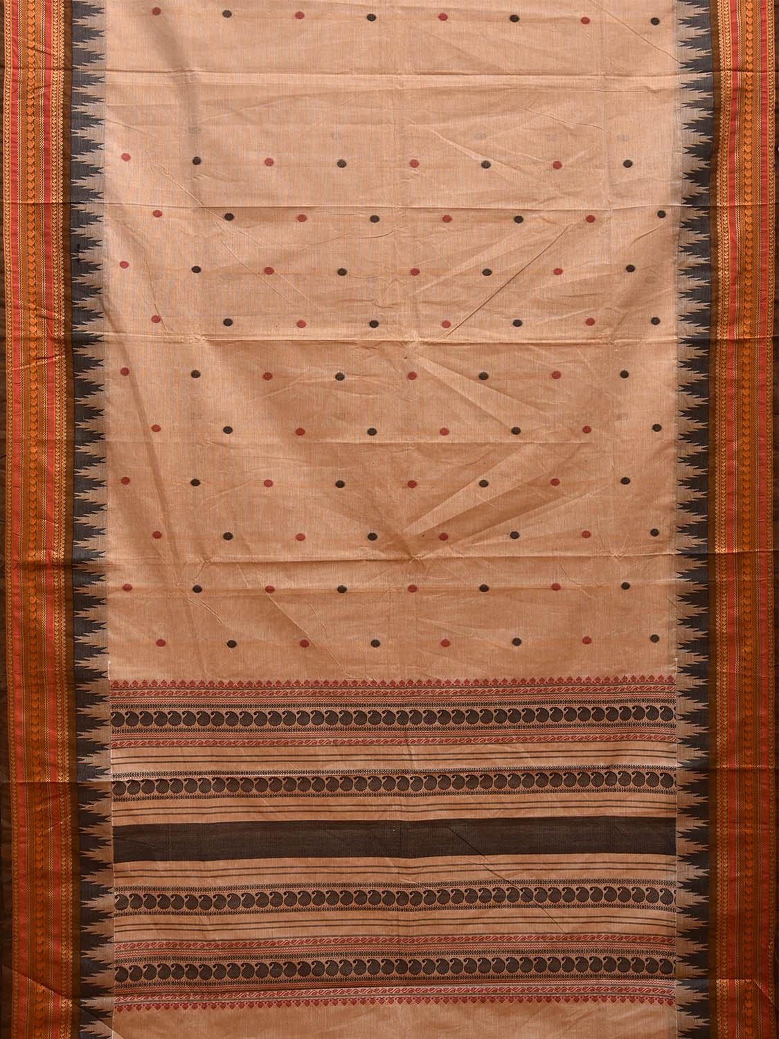 Cream Kanchipuram Cotton Saree with Buta and Temple Border Design k0680