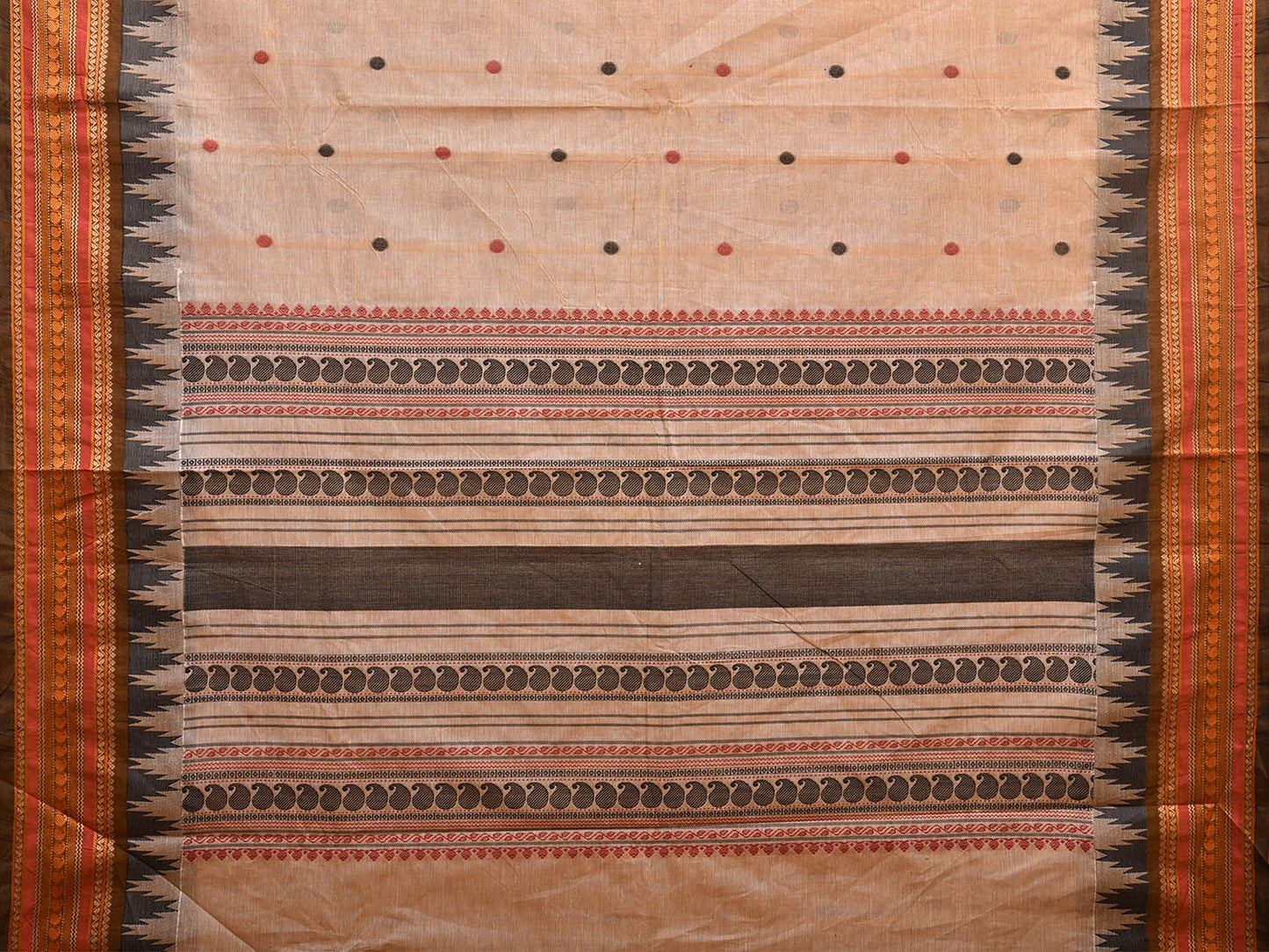 Cream Kanchipuram Cotton Saree with Buta and Temple Border Design k0680