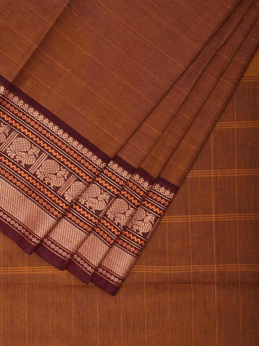 Rust and Maroon Kanchipuram Cotton Saree with Strips and Peacock Border Design k0681