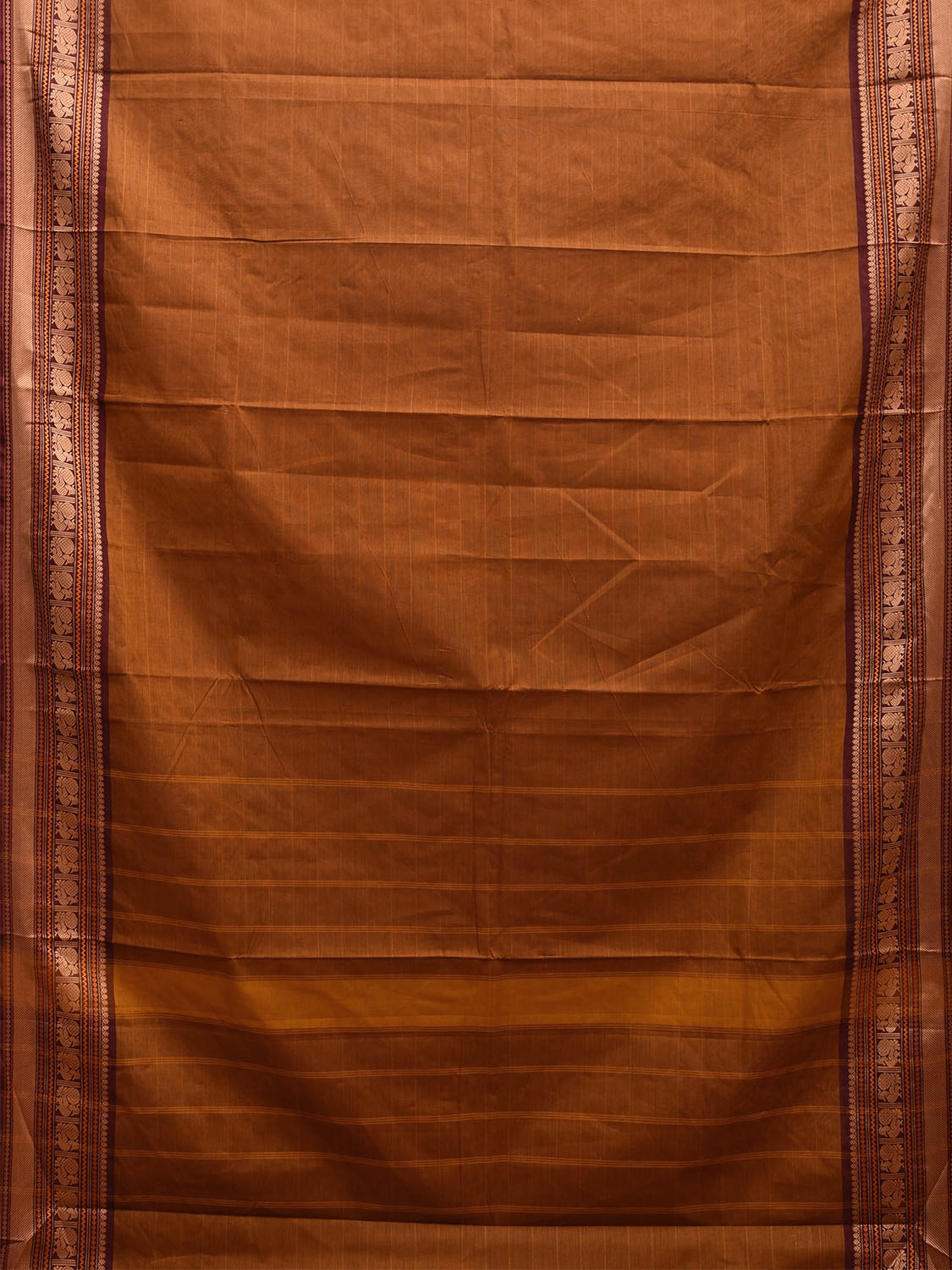 Rust and Maroon Kanchipuram Cotton Saree with Strips and Peacock Border Design k0681