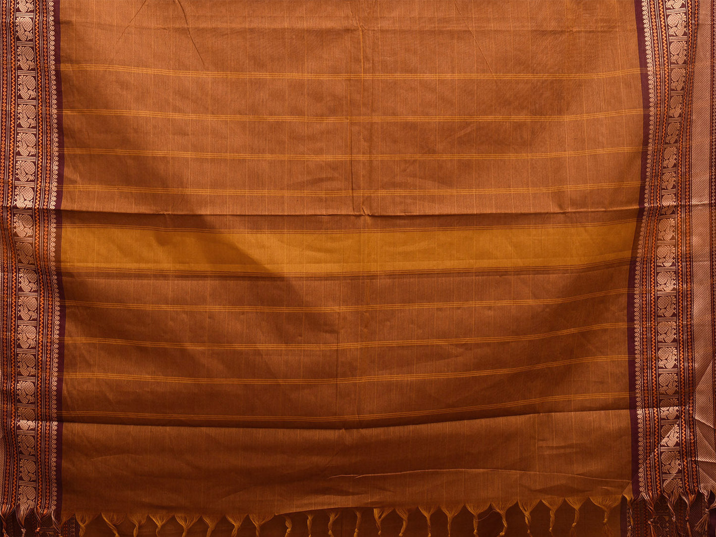 Rust and Maroon Kanchipuram Cotton Saree with Strips and Peacock Border Design k0681