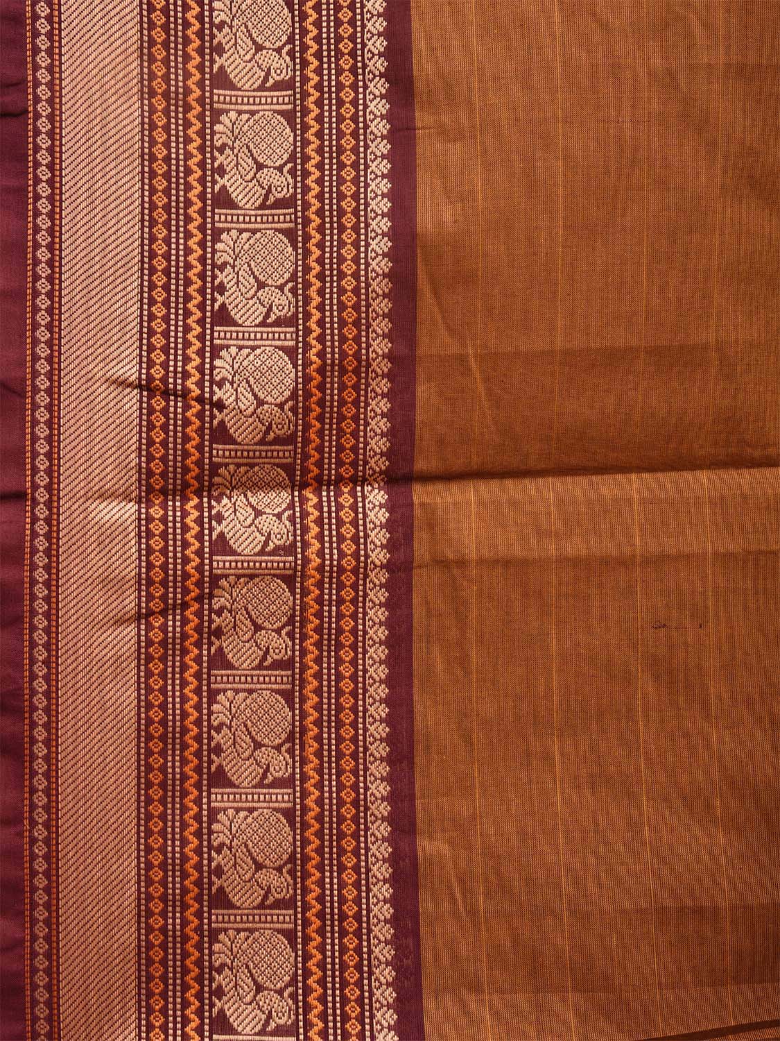 Rust and Maroon Kanchipuram Cotton Saree with Strips and Peacock Border Design k0681