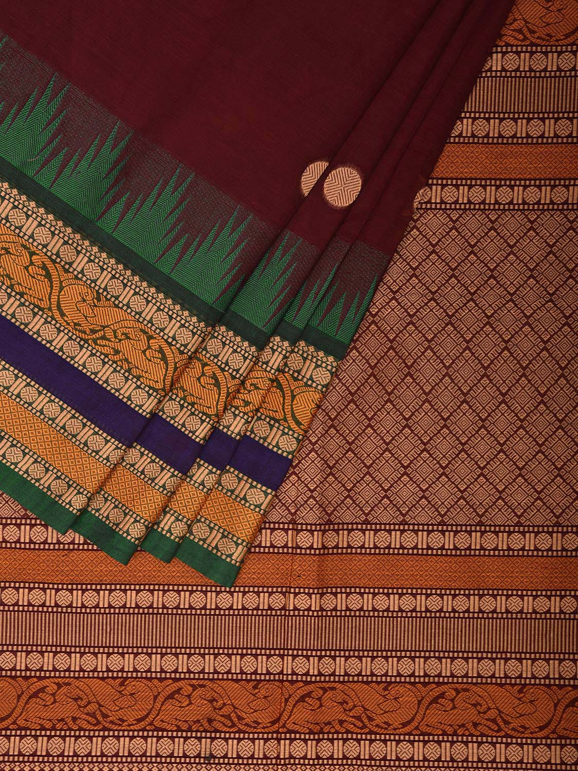 Brown Kanchipuram Cotton Saree with Buta and Temple Border Design k0683