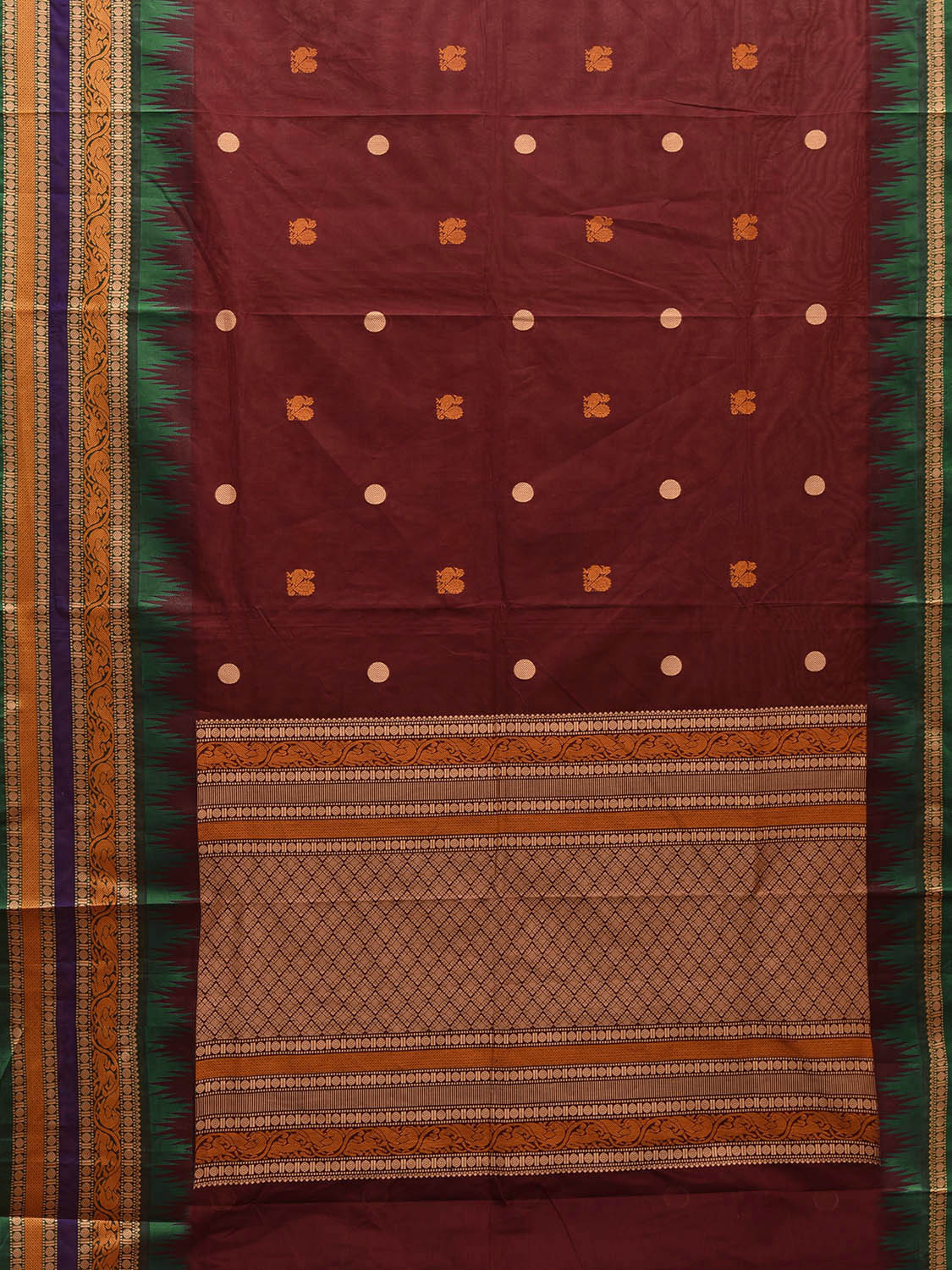 Brown Kanchipuram Cotton Saree with Buta and Temple Border Design k0683