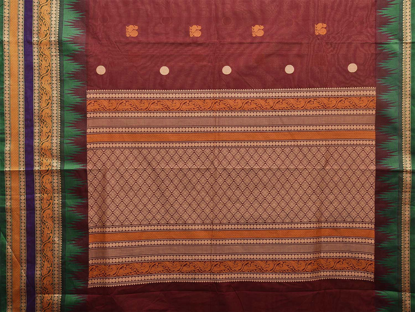 Brown Kanchipuram Cotton Saree with Buta and Temple Border Design k0683