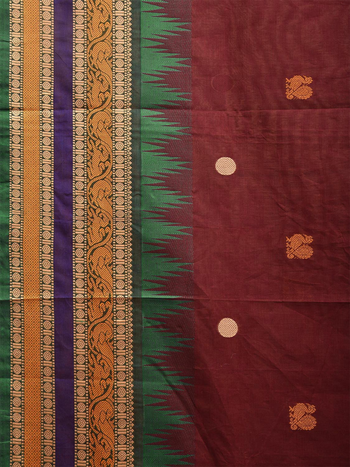 Brown Kanchipuram Cotton Saree with Buta and Temple Border Design k0683