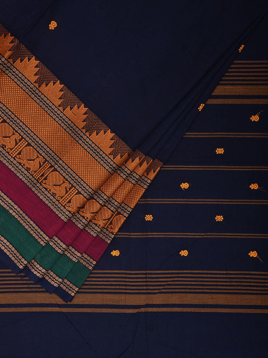 Navy Kanchipuram Cotton Saree with Strips Pallu and Temple Border Design k0684