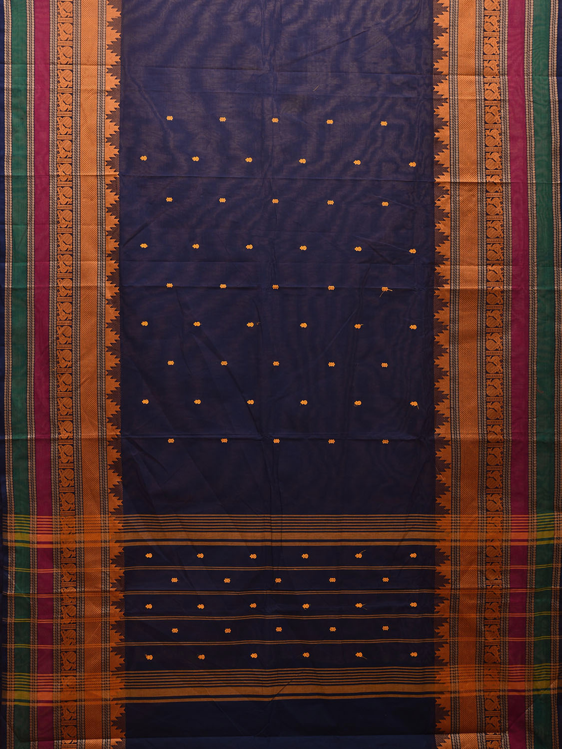 Navy Kanchipuram Cotton Saree with Strips Pallu and Temple Border Design k0684