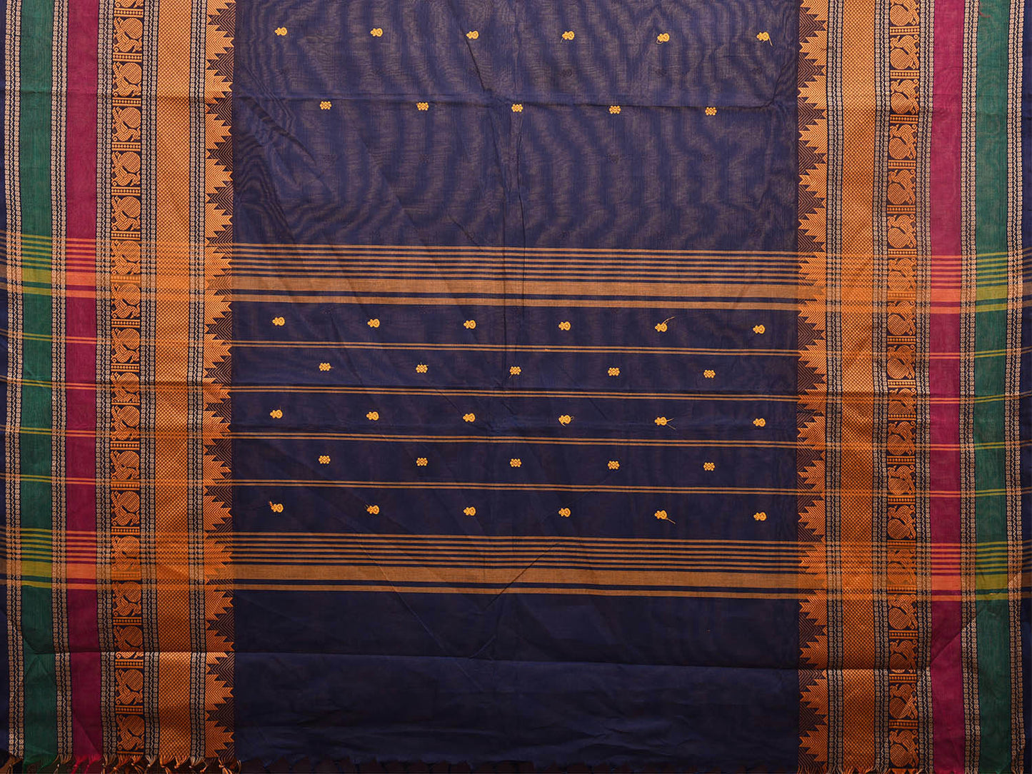 Navy Kanchipuram Cotton Saree with Strips Pallu and Temple Border Design k0684
