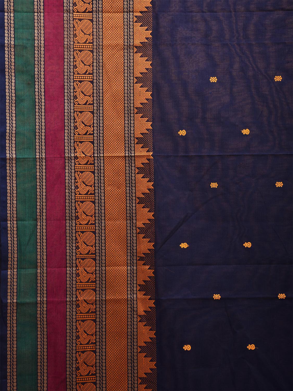 Navy Kanchipuram Cotton Saree with Strips Pallu and Temple Border Design k0684