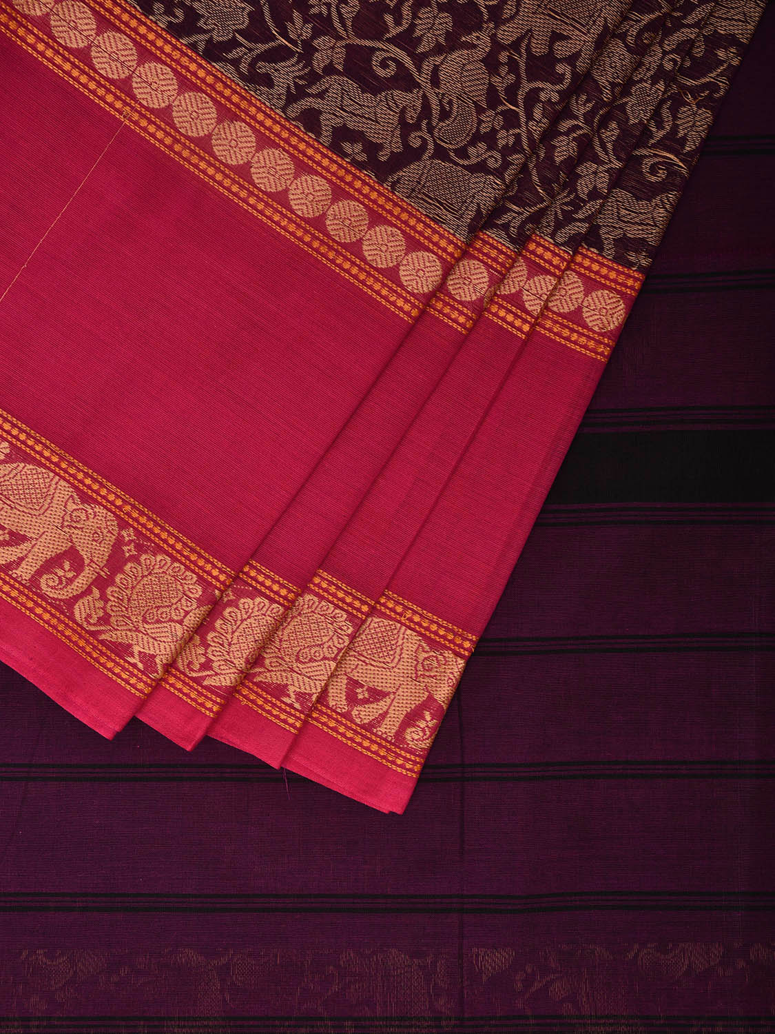 Purple and Pink Kanchipuram Cotton Saree with All Over and Big Border Design k0685
