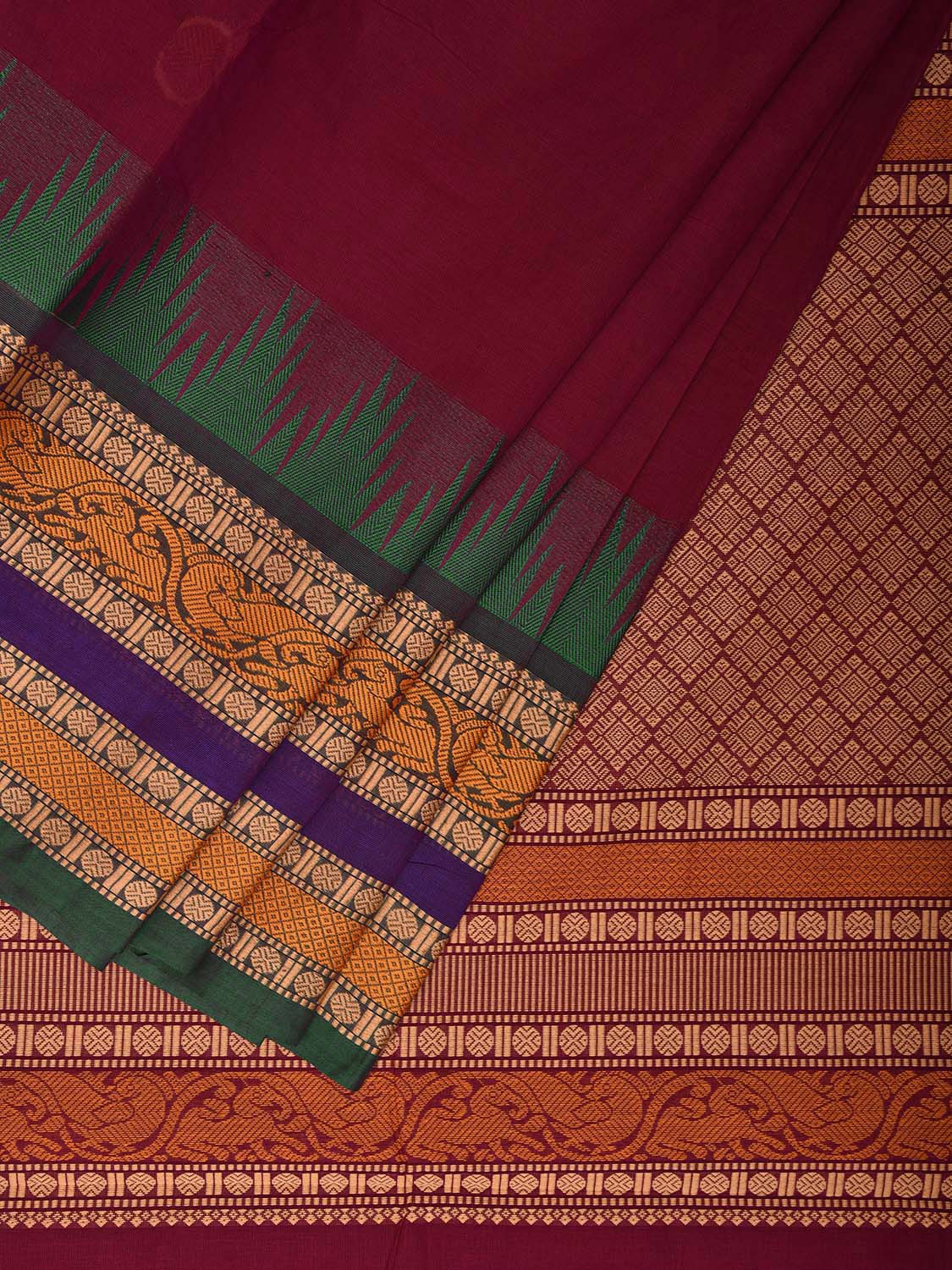 Maroon Kanchipuram Cotton Saree with Buta and Temple Border Design k0686