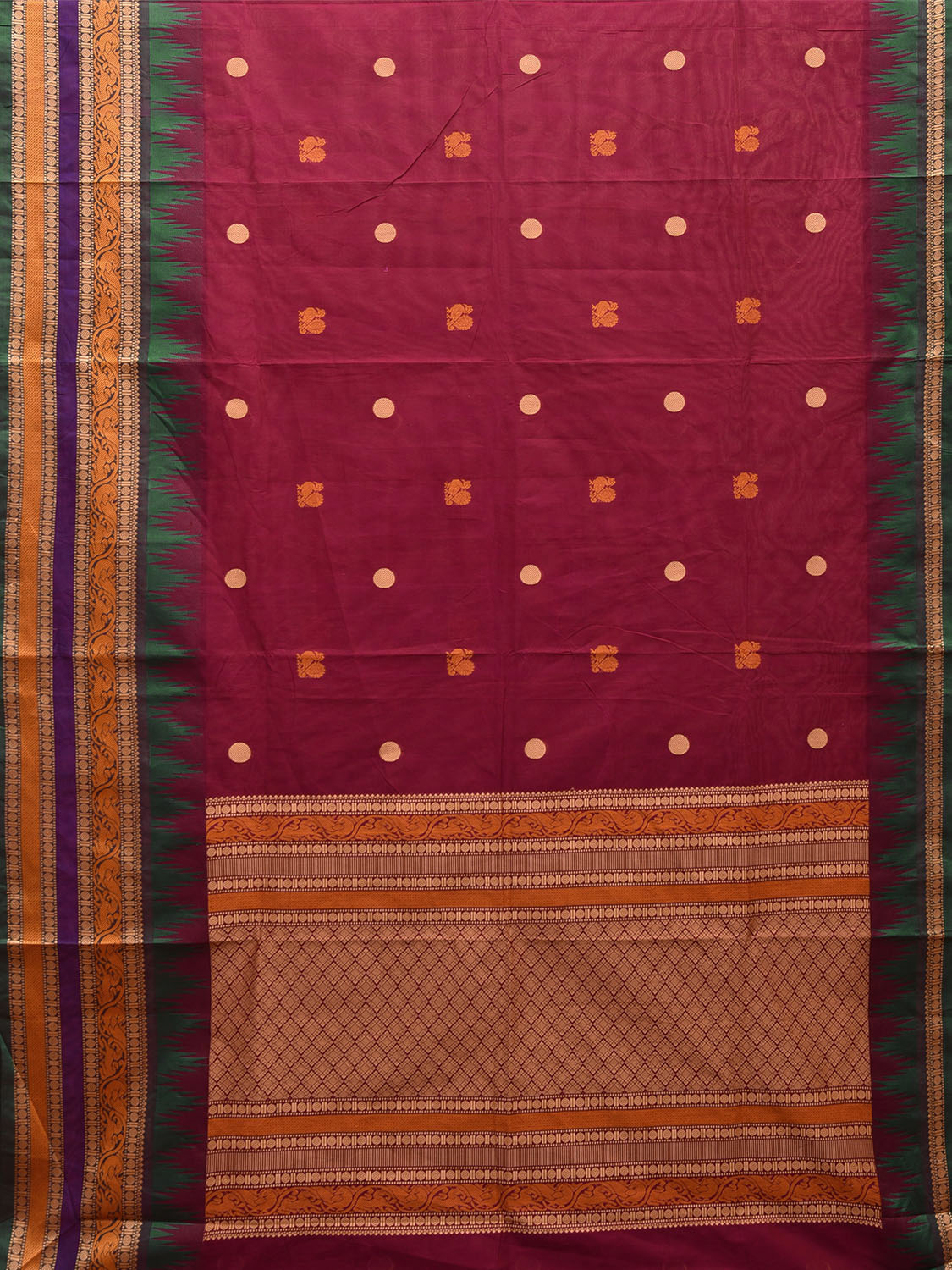 Maroon Kanchipuram Cotton Saree with Buta and Temple Border Design k0686