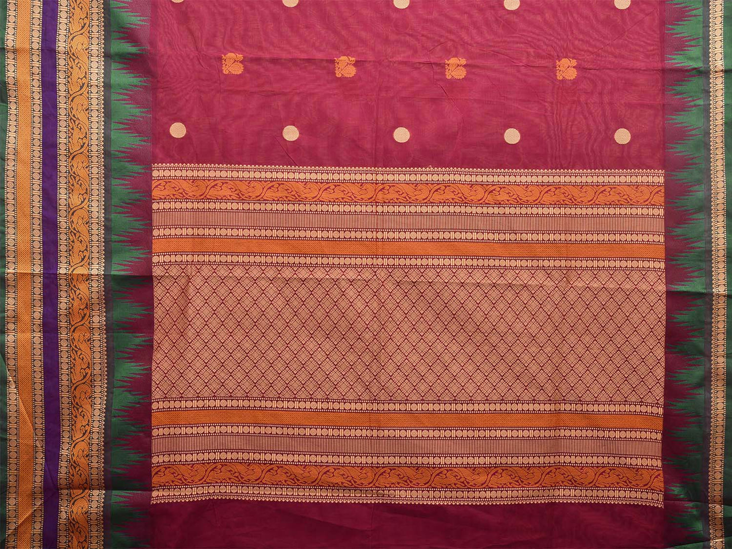 Maroon Kanchipuram Cotton Saree with Buta and Temple Border Design k0686