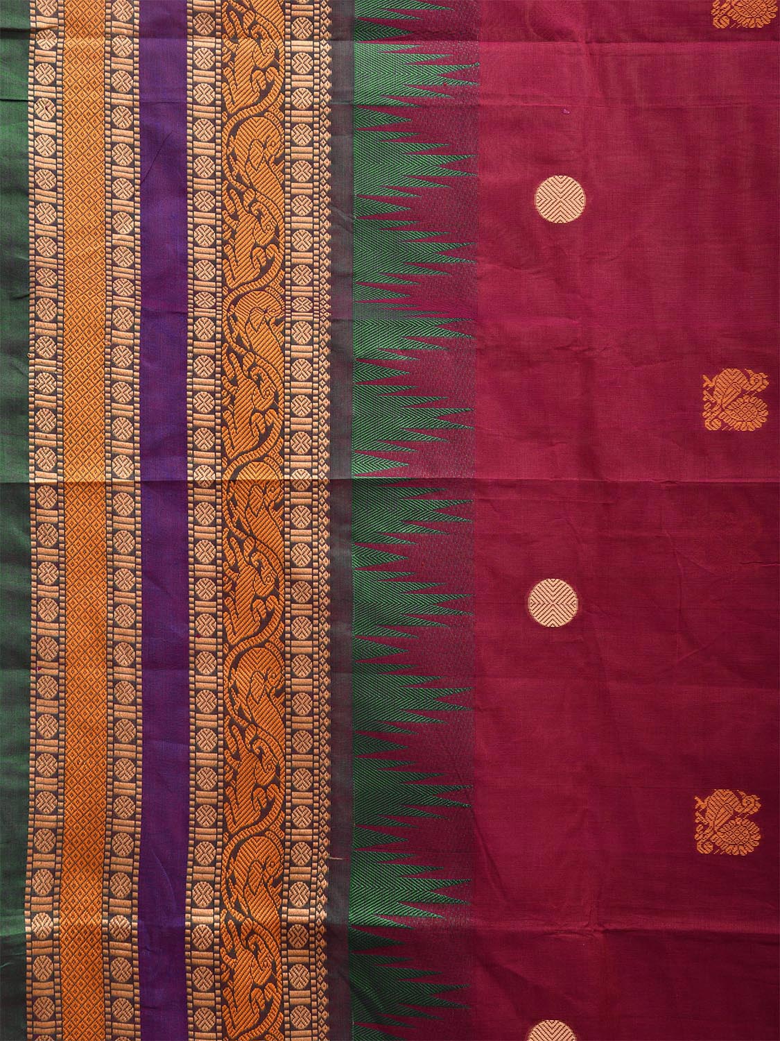 Maroon Kanchipuram Cotton Saree with Buta and Temple Border Design k0686