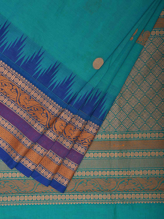 Sky Blue Kanchipuram Cotton Saree with Buta and Temple Border Design k0687