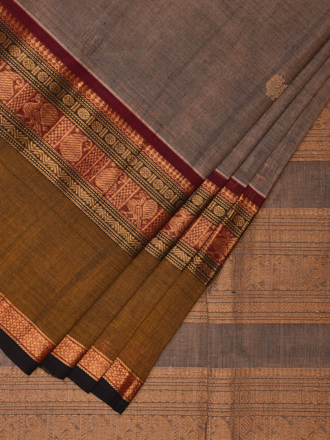 Khaki and Olive Kanchipuram Cotton Saree with Buta and Big Border Design k0688