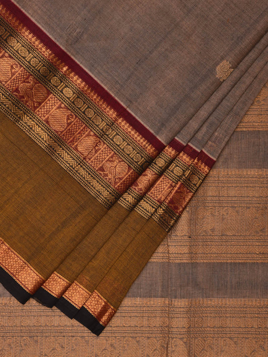 Khaki and Olive Kanchipuram Cotton Saree with Buta and Big Border Design k0688