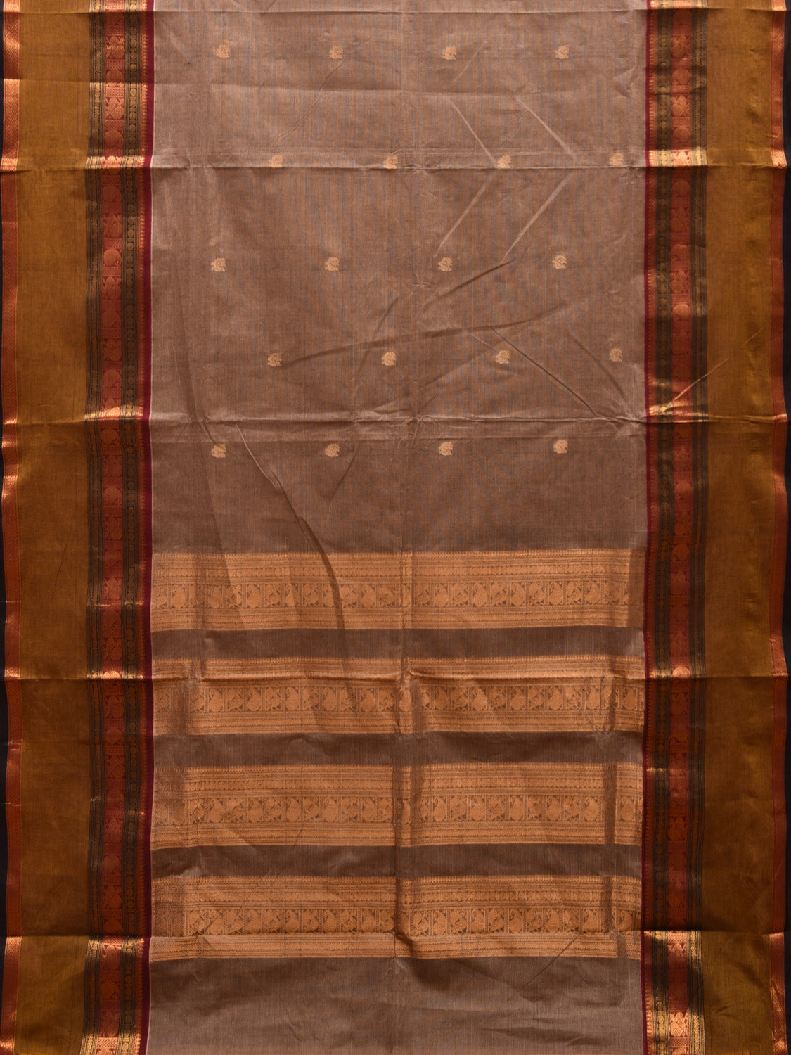 Khaki and Olive Kanchipuram Cotton Saree with Buta and Big Border Design k0688