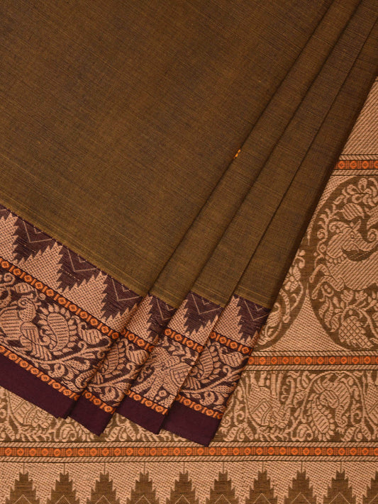 Olive Kanchipuram Cotton Saree with Pallu and Temple Border Design k0689