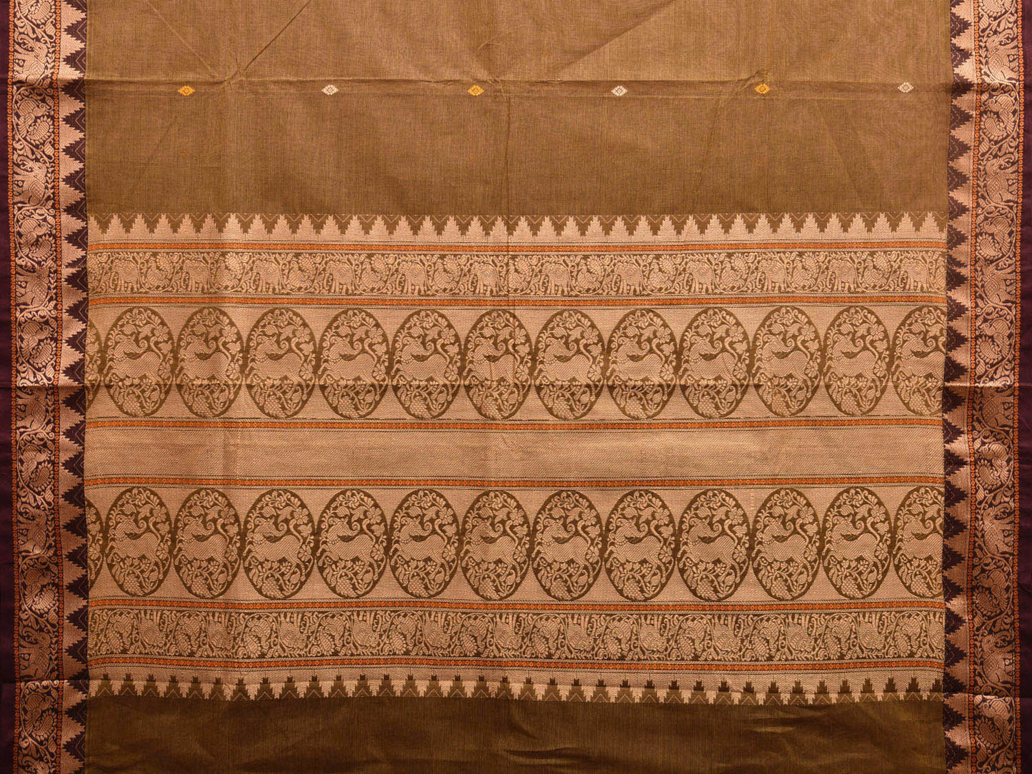 Olive Kanchipuram Cotton Saree with Pallu and Temple Border Design k0689