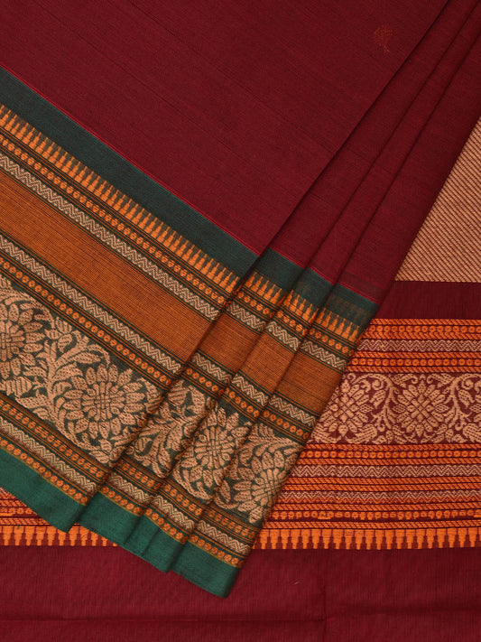 Maroon Kanchipuram Cotton Saree with Buta and Floral Border Design k0690