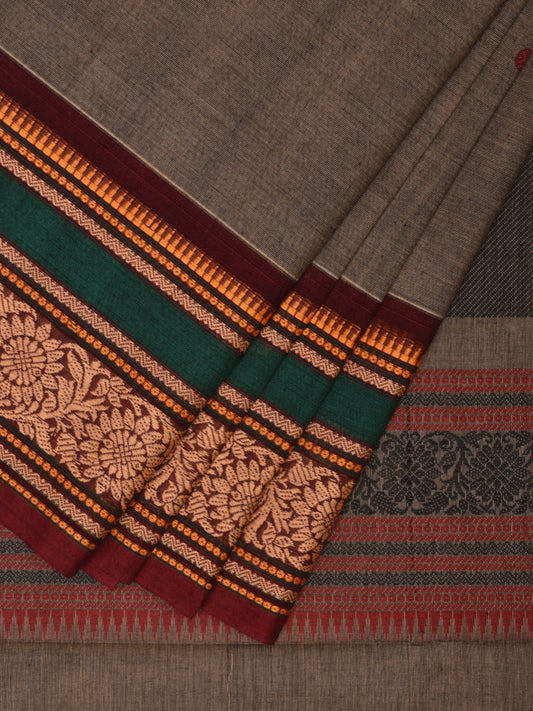 Light Grey Kanchipuram Cotton Saree with Buta and Floral Border Design k0691