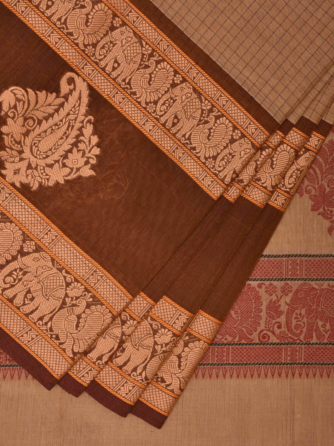 Fawn Kanchipuram Cotton Saree with Checks and Mango Border Design k0692