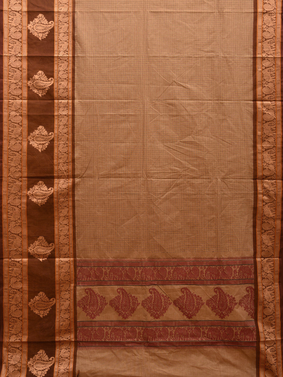 Fawn Kanchipuram Cotton Saree with Checks and Mango Border Design k0692