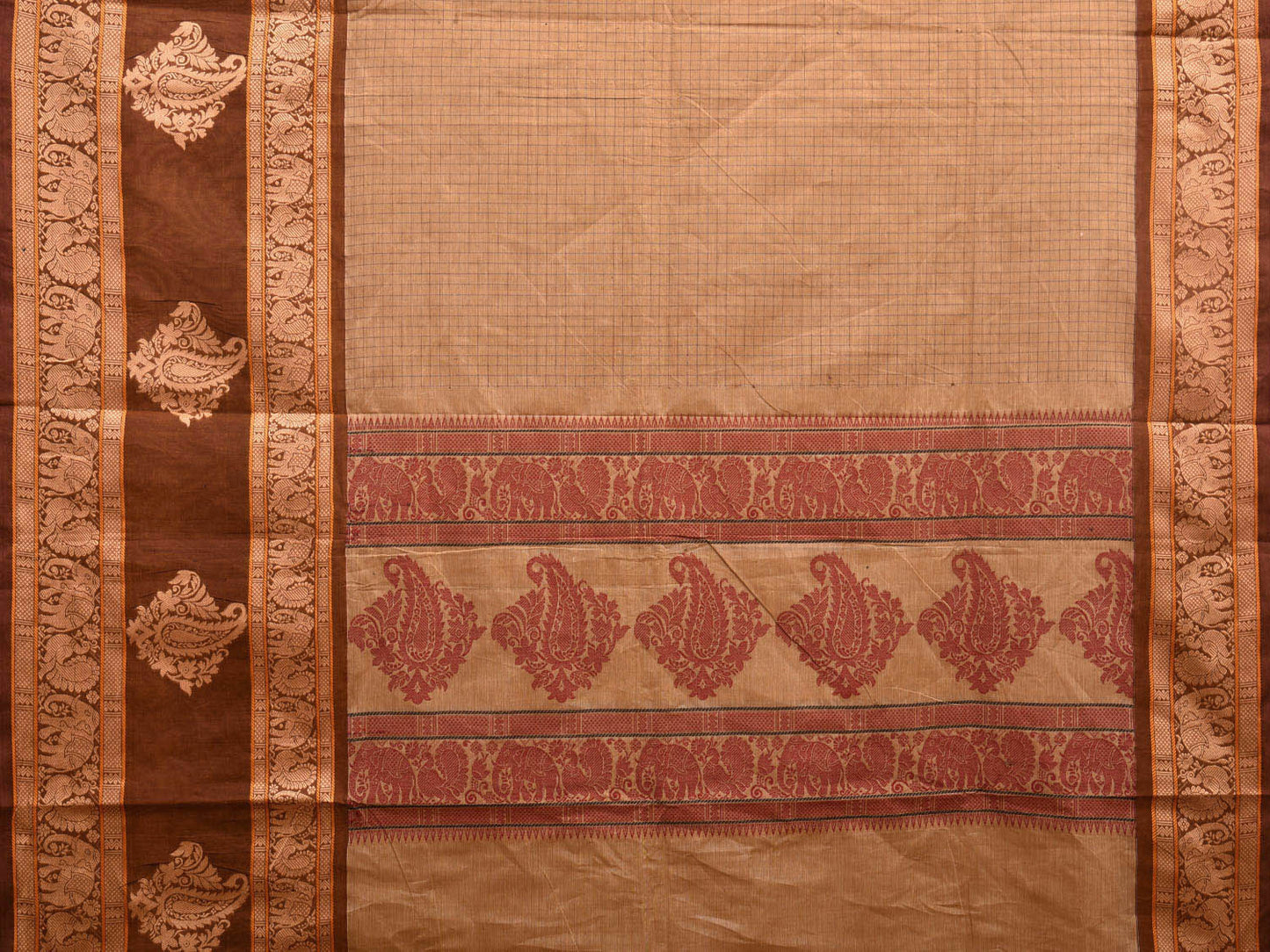 Fawn Kanchipuram Cotton Saree with Checks and Mango Border Design k0692