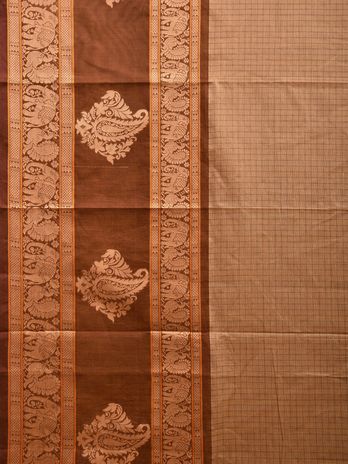 Fawn Kanchipuram Cotton Saree with Checks and Mango Border Design k0692